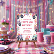 Girls Monster Truck Birthday Invitation Pink
