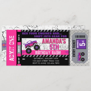 Girls Monster Truck Birthday Ticket Invitation