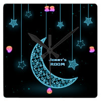 Girls Moon Stars NEON Light Style Personalized Square Wall Clock