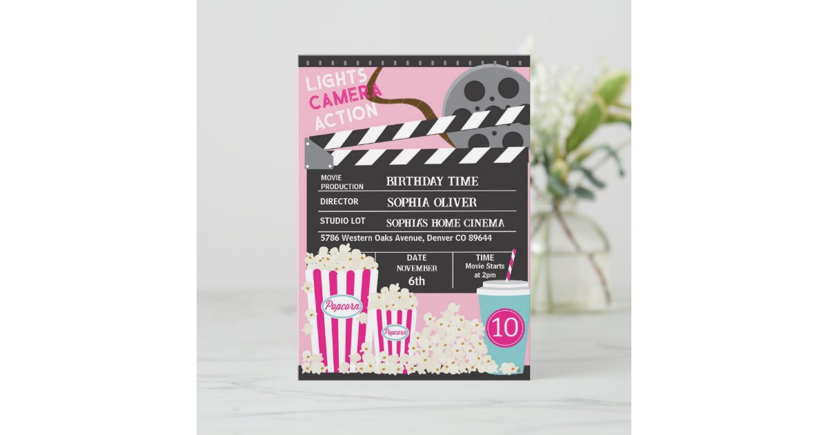 Girls Movie Night Birthday Party Invitation | Zazzle