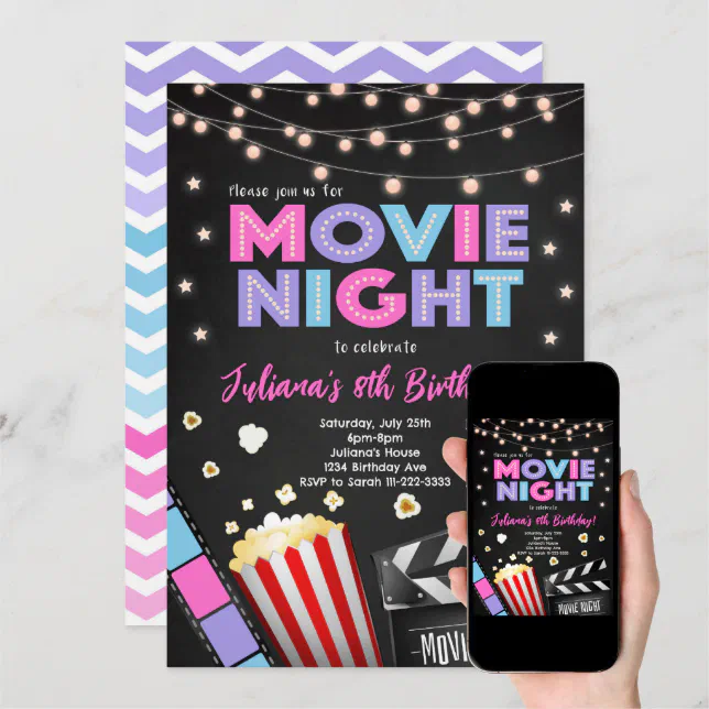 Girls Movie Night Birthday Party Invitation | Zazzle