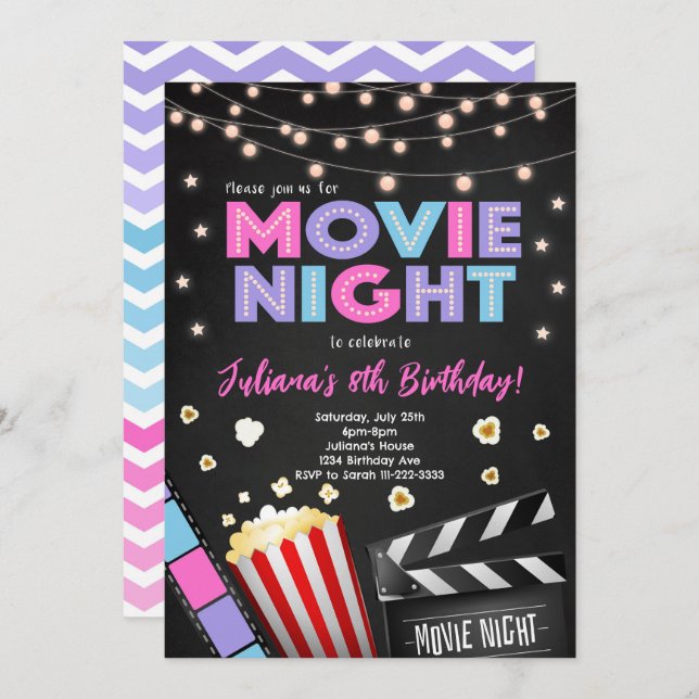 Girls Movie Night Birthday Party Invitation (Front/Back)