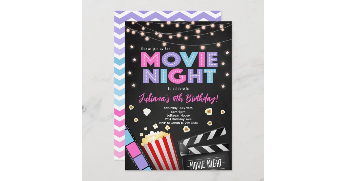 Girls Movie Night Birthday Party Invitation 