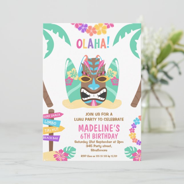 Girls Multicolored Aloha Luau Birthday Invitation (Standing Front)