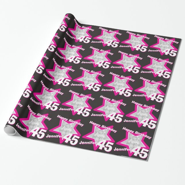 Girls name 45th birthday photo pink black wrap wrapping paper (Unrolled)
