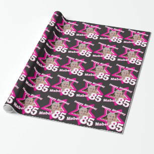 Girls name 85th birthday photo pink black wrap wrapping paper