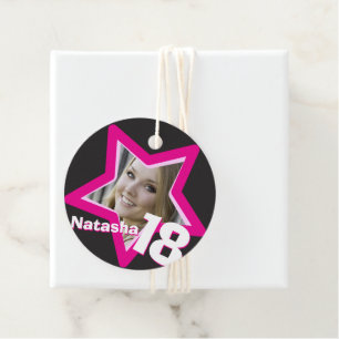 Girls name age 18 photo black pink star pattern favor tags