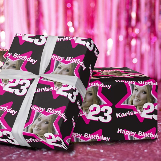 Girls name age 23 add your photo pink star pattern wrapping paper (Creator Uploaded)