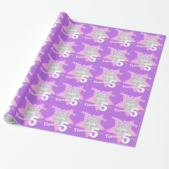 Girls name age add your photo purple star pattern wrapping paper (Unrolled)
