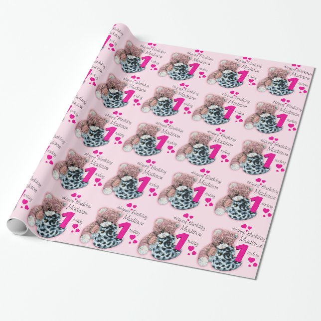 Girls name age soft toys birthday patterned wrap wrapping paper (Unrolled)
