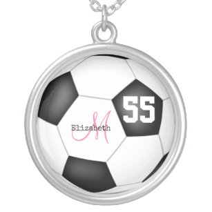 girl's name and jersey number cute soccer silver plated necklace