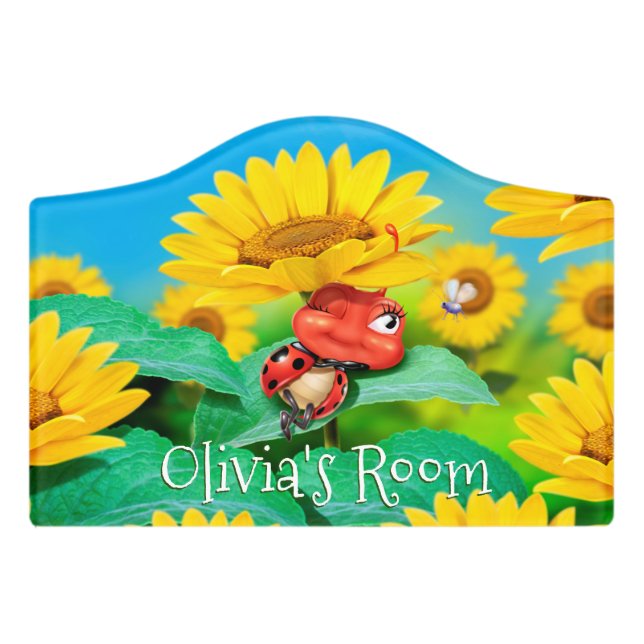 Girl's Name Bedroom sign Sunflowers Ladybird. (Small Crest Front)