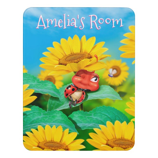 Girl's Name Bedroom sign Sunflowers Ladybird. (Contemporary Vert)