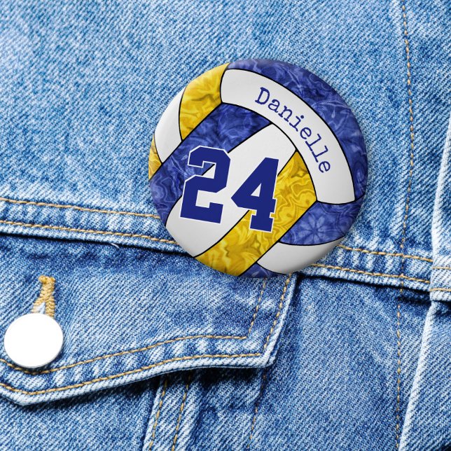 girls name blue gold volleyball team colors  button (on denim jacket)