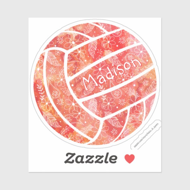 girls name boho floral orange volleyball sticker (Sheet)