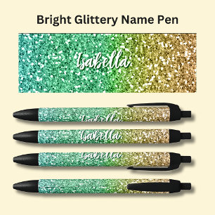 Girls Name Bright Green Gold Glitter Effect Pen