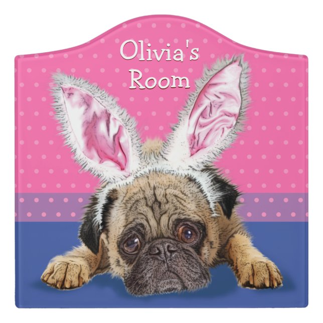 Girl's Name crest top Bedroom sign hug a Pug (Large Crest Front)