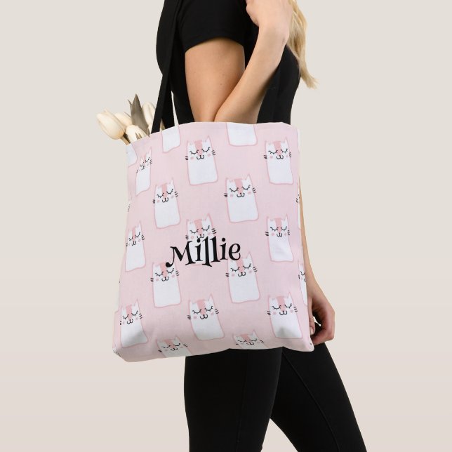  Girls Name Cute Cat Pink Pattern School Tote Bag (Close Up)