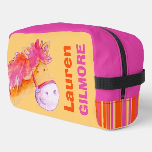 Girls name cute pony watercolor orange pink  dopp kit