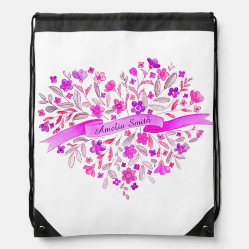 Girls Name flower heart art drawstring bag