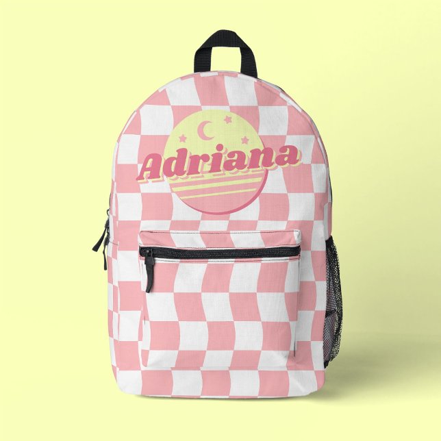 Girls Name Groovy Pink White Wavy Checkerboard  Printed Backpack (Creator Uploaded)