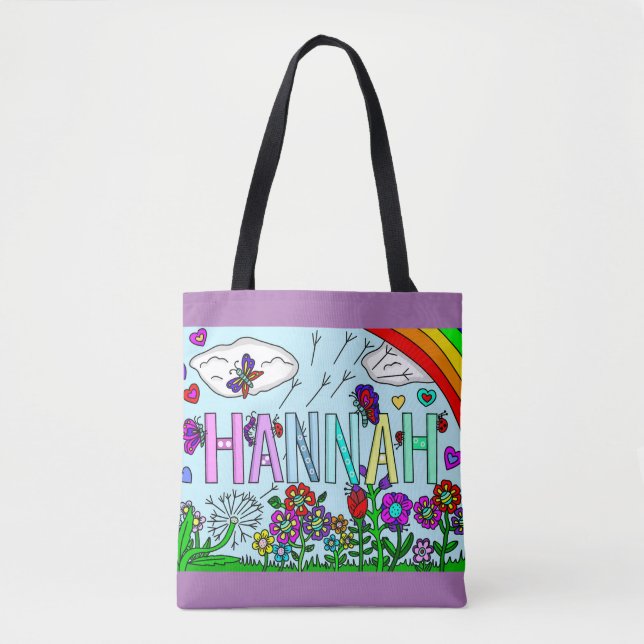 Girl's Name Hannah Hand drawn Whimsical Flowers Tote Bag (Front)