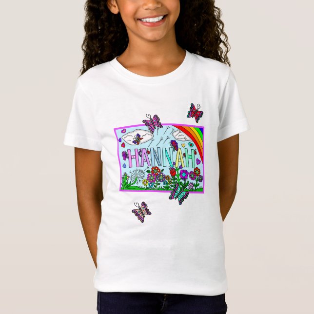 Girl's Name Hannah  Whimsical Flowers, Rainbow T-S T-Shirt (Front)