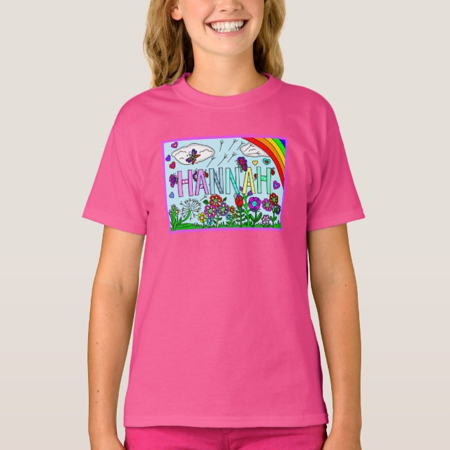 Girl's Name Hannah  Whimsical Flowers, Rainbow T-S T-Shirt (Front)