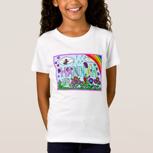 Girl's Name Hannah  Whimsical Flowers, Rainbow T-Shirt (Front)