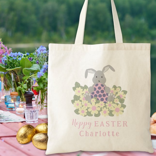 Girls Name Hoppy Easter Egg Hunt Bunny Floral Tote Bag (Personalized girls name Easter egg hunt cute bunny daisy floral pink tote bag)