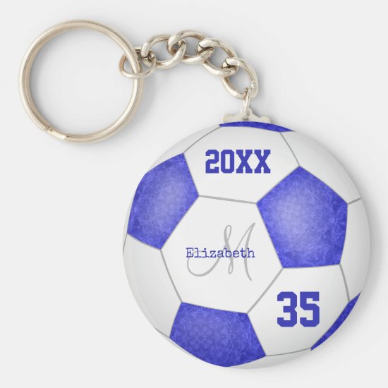 girl's name jersey number blue white soccer ball keychain