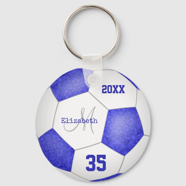 girl's name jersey number blue white soccer ball keychain (Front)