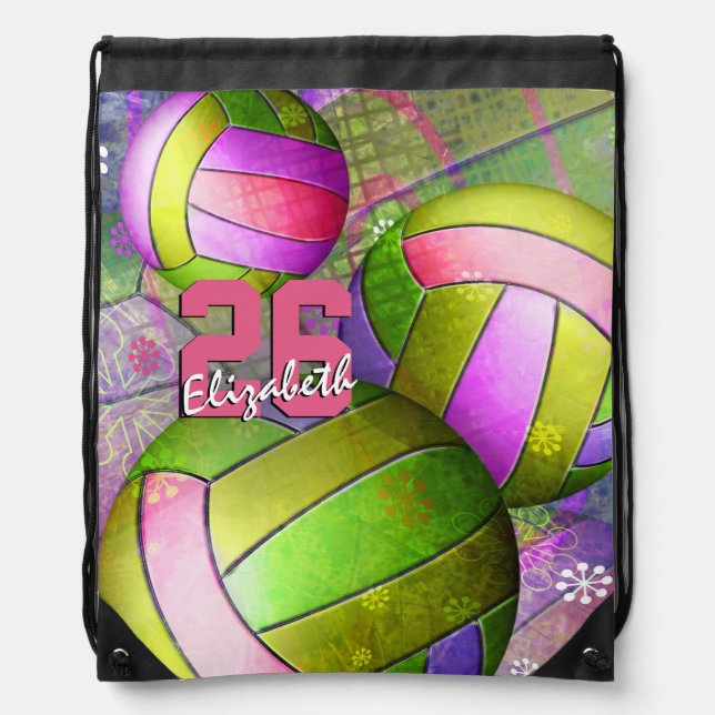 Girls Name Jersey Number Girly Volleyball Drawstring Bag (Front)