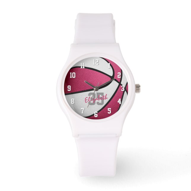 girls name jersey number pink white basketball watch (Front)