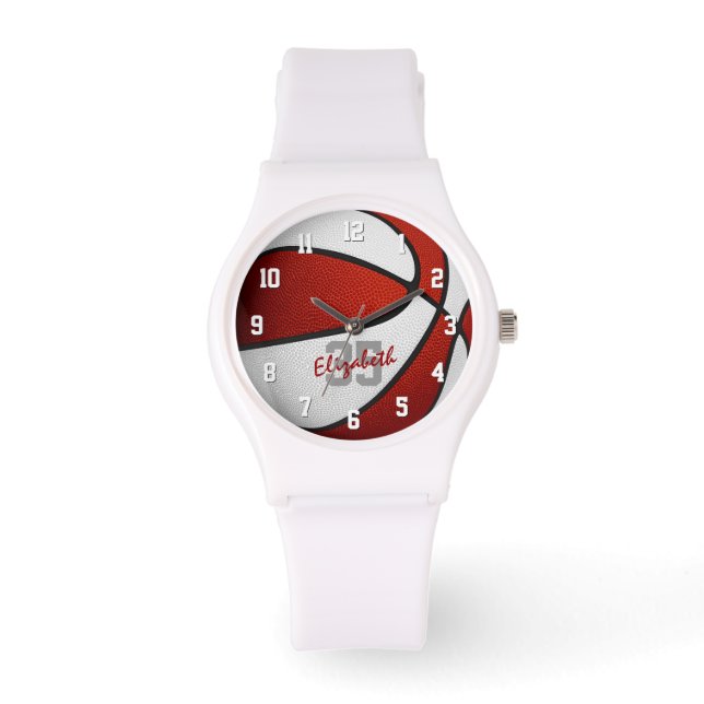 girls name jersey number red white basketball watch (Front)