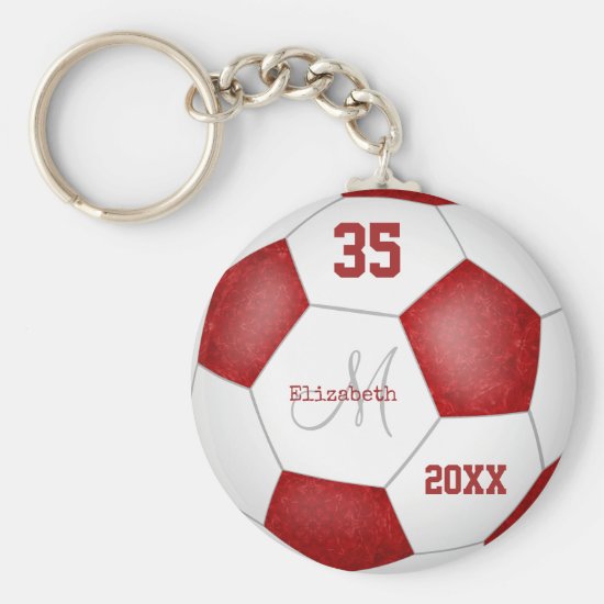girl's name jersey number red white soccer ball keychain