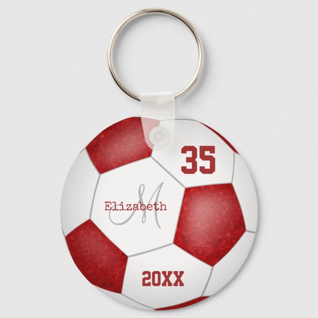 girl's name jersey number red white soccer ball keychain (Front)