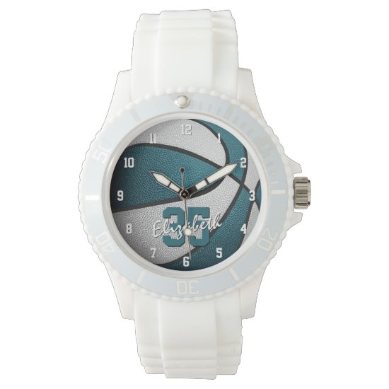 girls name jersey number teal white basketball watch