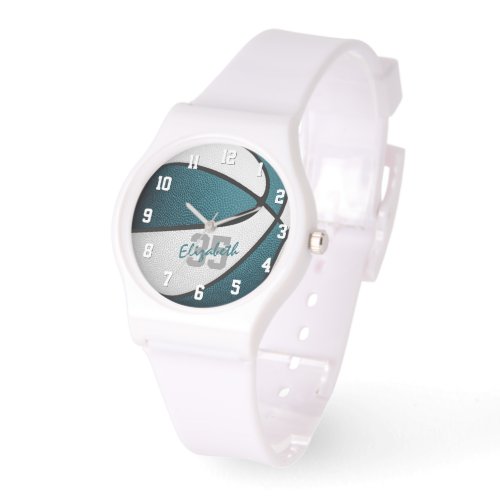girls name jersey number teal white basketball watch
