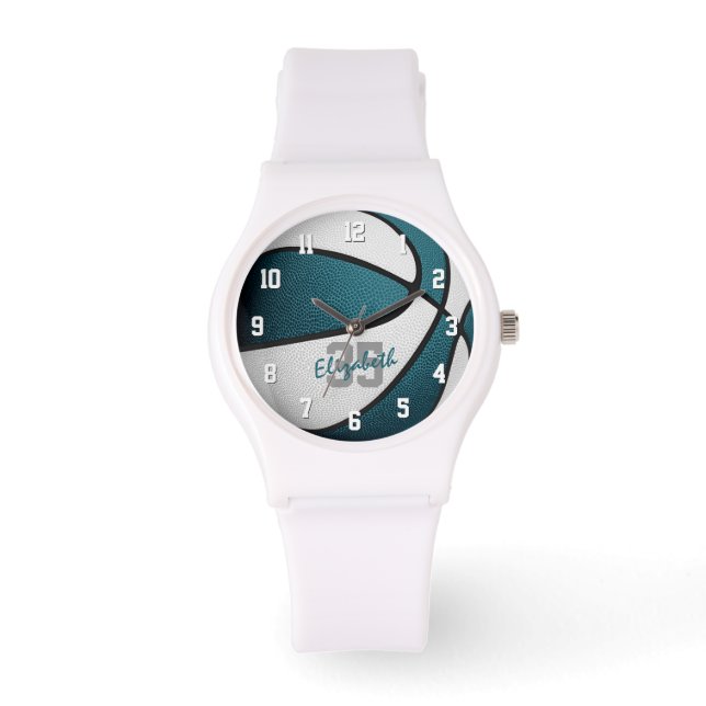 girls name jersey number teal white basketball watch (Front)