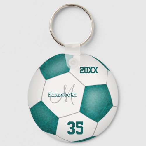girls name jersey number teal white soccer ball keychain