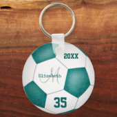 girl's name jersey number teal white soccer ball keychain (Front)