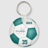 girl's name jersey number teal white soccer ball keychain (Back)