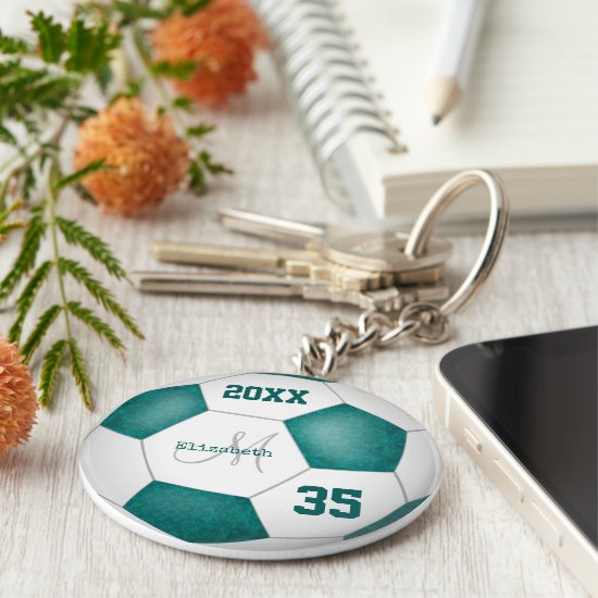 girl's name jersey number teal white soccer ball keychain