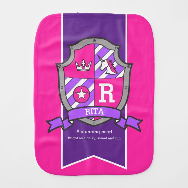 Girls name meaning unicorn crest custom baby burp cloth (Front)