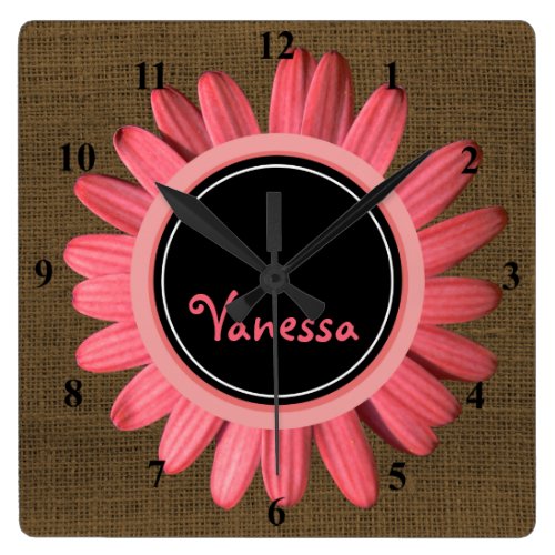Girls Name Monogram | Rustic Burlap Pink Flower Square Wall Clock