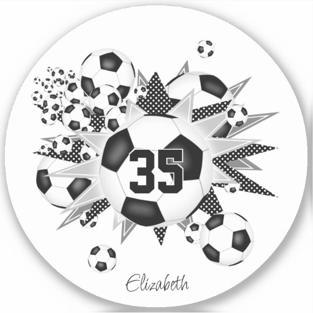girls name on black white soccer ball blowout  sticker (Front)