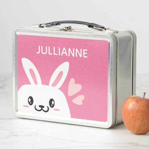 Girls Name Pastel Pink Cute Bunny Metal Lunch Box