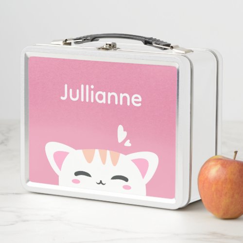 Girls Name Pastel Pink Cute Kitty Metal Lunch Box