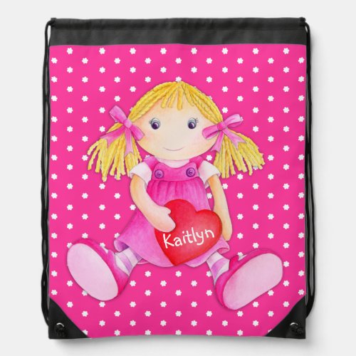 Girls name pink toy rag doll art drawstring bag